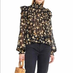 OPT One Pretty Time Small Black Floral Blouse High Neck NEW NWT Cottage